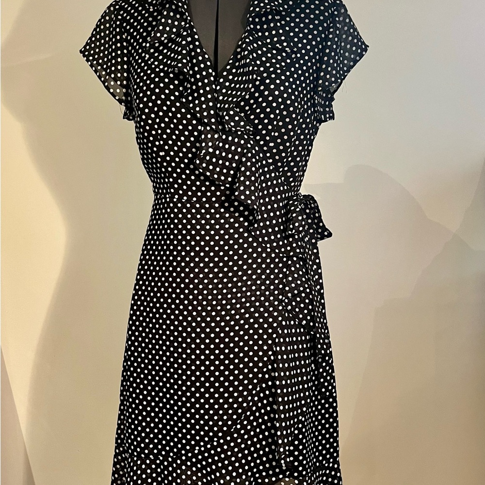 Tahari ASL Black and White Polka Dot knee length ruffle dress.